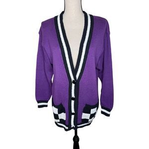 Vintage Outlander Sweater Putple & Black Cotton V Neck Cardigan Size S Preppy